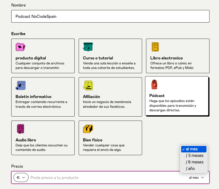 Tipos de productos disponibles en Gumroad y pago recurrente