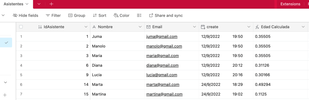 Imagen de una tabla de Airtable con la columna "create" y "Edad Calculada"