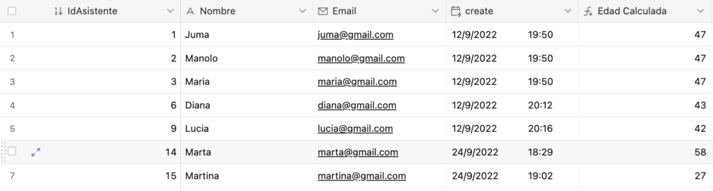 Resultado de la generación del número aleatorio en Airtable para la columna "Edad Calculada"